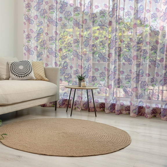 Floral Tulle Curtains with Rod Pocket, Butterflies Flowers Cartoon Girls Playroom Theme, Sheer Drape for Wedding Party 2 Panels, 7 Sizes, Pale Pink Lavender, by Ambesonne