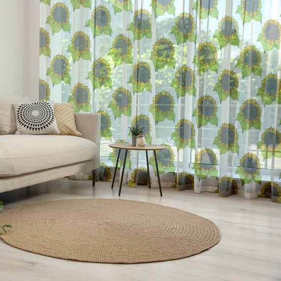 Floral Tulle Curtains with Rod Pocket, Hand Drawn Sketch Sunflowers with Vibrant Fresh Spring Leaves, Sheer Drape for Wedding Party 2 Panels, 7 Sizes, Apple Green Dark Taupe, by Ambesonne