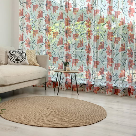 Floral Tulle Curtains with Rod Pocket, Hand Drawn Vintage Flourishing Tulip Flowers Nature Garden Theme Pattern, Sheer Drape for Wedding Party 2 Panels, 7 Sizes, Peach Green and Red, by Ambesonne