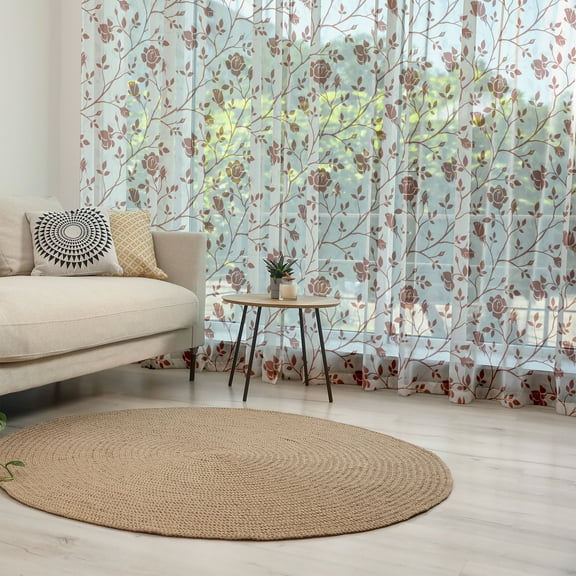 Floral Tulle Curtains with Rod Pocket, Monochrome Floral Arrangement Roses Leaves Branches Retro Environment Elements, Sheer Drape for Wedding Party 2 Panels, 7 Sizes, Ruby Beige White, by Ambesonne