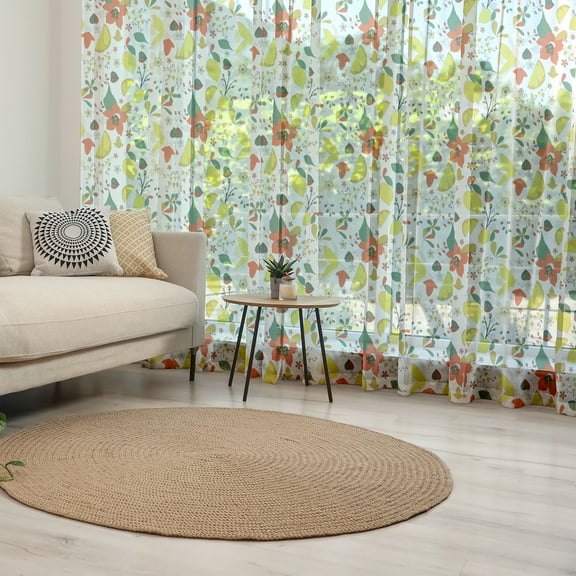 Floral Tulle Curtains with Rod Pocket, Spring Flowers with Lemons Leaves Inspirational Illustration, Sheer Drape for Wedding Party 2 Panels, 7 Sizes, Red Yellow Forest Green, by Ambesonne