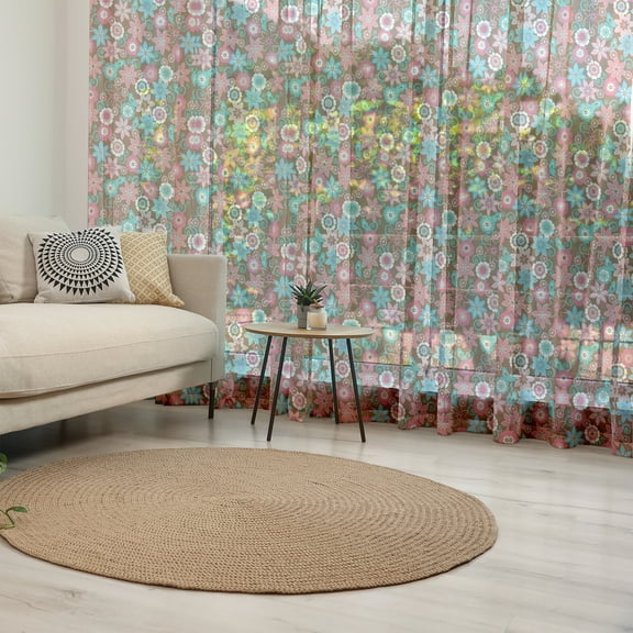 Floral Tulle Curtains with Rod Pocket, Vibrant Bunch of Various Flower Petals Florets Shabby Form Illustration, Sheer Drape for Wedding Party 2 Panels, 7 Sizes, Pink Brown and Teal, by Ambesonne