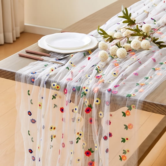 Floral Tulle Table Cover with Daisy Design, Suitable for Summer And Autumn, Measuring 120 Inches Or 10 Feet, Perfect for Weddings And Parties