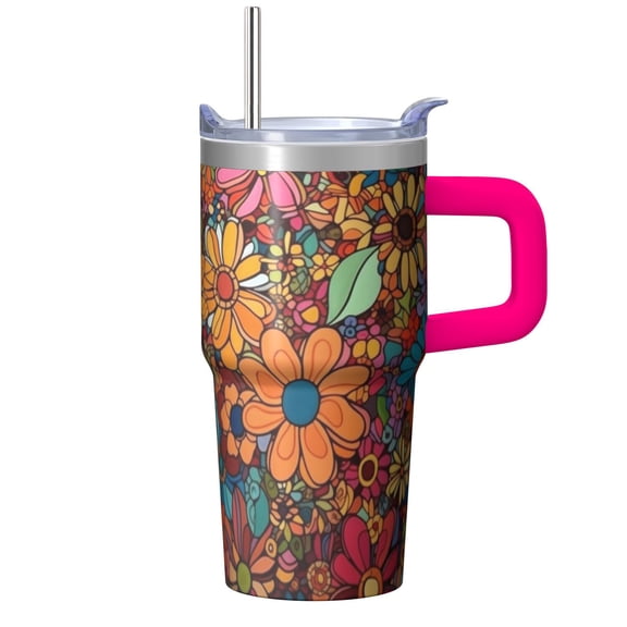 Floral Tumbler 20oz Perfect Gift for Women, Stainless Steel Insulated Travel Coffee Mug with Handle and Straw, Leak-proof, Flower Design