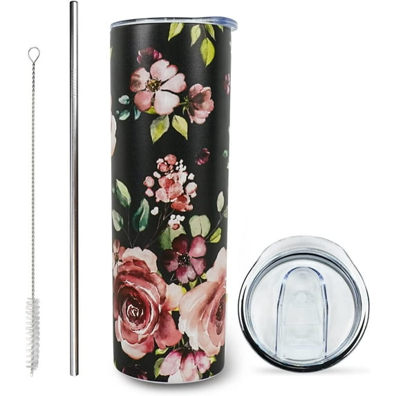 Floral Tumbler 20oz sunflower tumbler Flower Tumblers Skinny Stainless Steel Double Wall Plant Cups Insulated Travel Coffee Mug Tumbler for Women Rose Cup with Lids