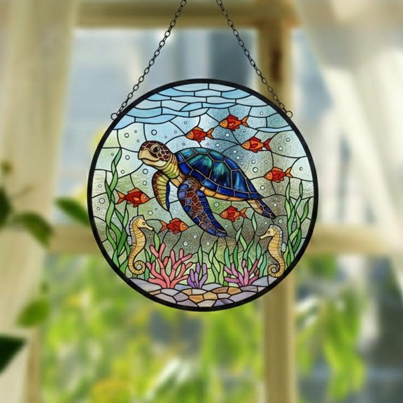 Floral Turtle Glass Suncatcher, Sea Turtle and Flowers Window Hanging, Ocean Animal Decor, 3.5 in