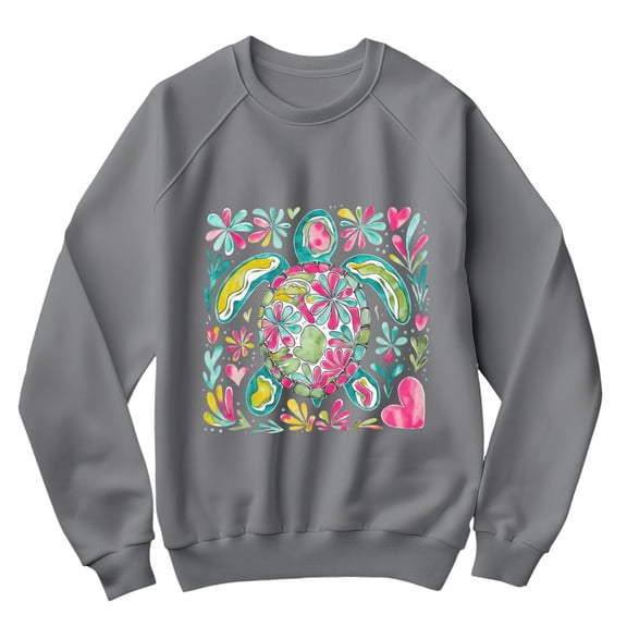 Floral Turtle Sweatshirt - Colorful Sea Turtle Graphic Pullover with Hearts & Flowers - Cute Artistic Ocean Animal Lover Shirt