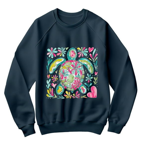 Floral Turtle Sweatshirt - Colorful Sea Turtle Graphic Pullover with Hearts & Flowers - Cute Artistic Ocean Animal Lover Shirt