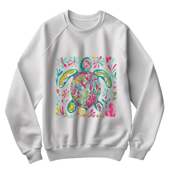 Floral Turtle Sweatshirt - Colorful Sea Turtle Graphic Pullover with Hearts & Flowers - Cute Artistic Ocean Animal Lover Shirt