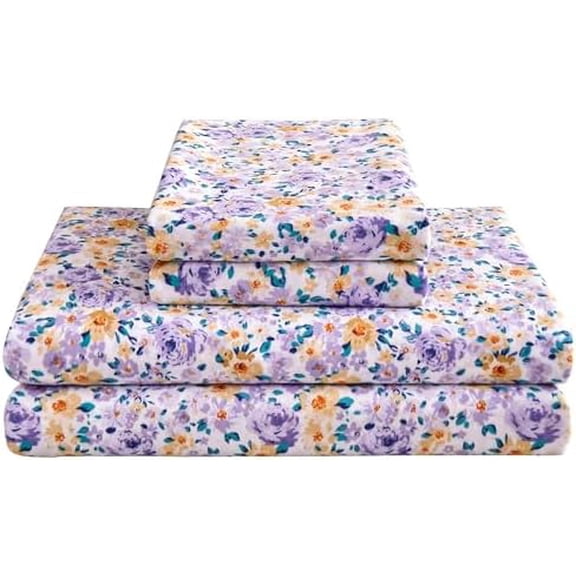 Floral Twin 3 Pieces Bed Sheets, Soft Microfiber Bedding Sheets & Pillowcases, Deep Pocket Non-Slip Vintage Twin Sheet, Purple Yellow Flower Pattern Bedsheets