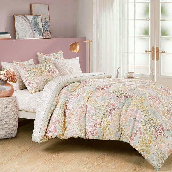 Floral Twin Comforter Set with Sheets - 5-Piece Beige Bed in a Bag Set