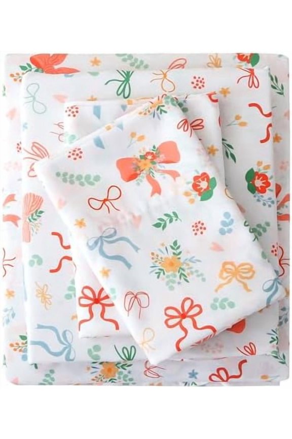 Floral Twin Sheet Set - 3 Piece Bowknot Printed and Vintage Flower Patterned Bed Sheets - Soft, Breathable Microfiber Sheets with Deep Pocket, Non-Slip Fitted Sheets & Pillowcases