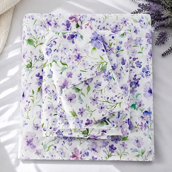Floral Twin Sheet Set - 3 Piece Vintage Lavender Flower and Leaves Patterned Bed Sheets - Soft, Breathable Microfiber with Deep Pocket, Non-Slip Fitted Sheets & Pillowcases