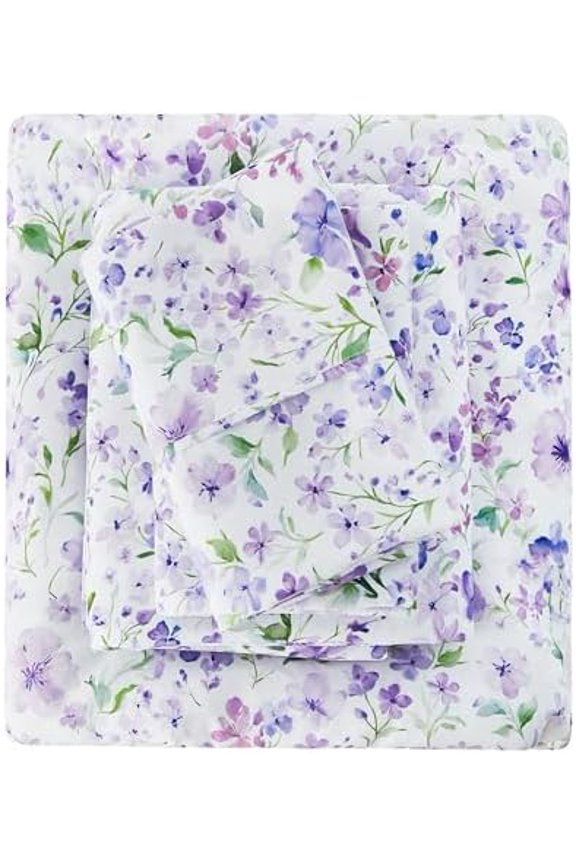 Floral Twin Sheet Set - 3 Piece Vintage Lavender Flower and Leaves Patterned Bed Sheets - Soft, Breathable Microfiber Sheets with Deep Pocket, Non-Slip Fitted Sheets & Pillowcases
