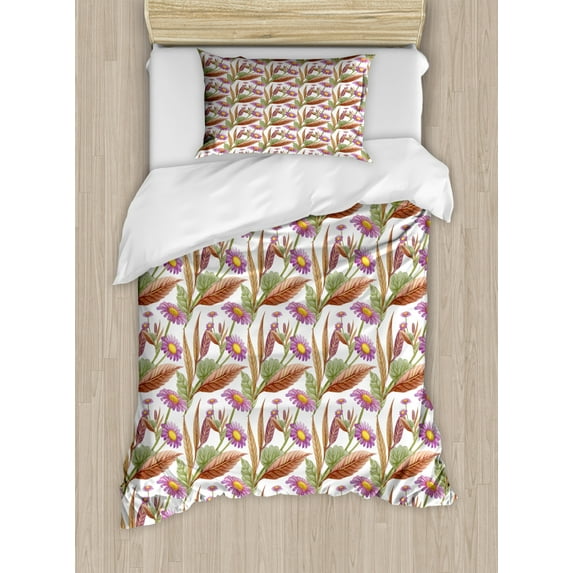 Floral Twin Size Duvet Cover Set, Blooming Watercolored Purple Chamomiles and Summer Garden Flowers with Lobbed Leaves, Decorative 2 Piece Bedding Set with 1 Pillow Sham, Multicolor, by Ambesonne