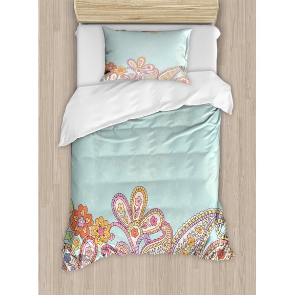 Floral Twin Size Duvet Cover Set, Hand Drawn Ornamental Horizontal Pattern Traditional Paisley on Vintage Background, Decorative 2 Piece Bedding Set with 1 Pillow Sham, Multicolor, by Ambesonne