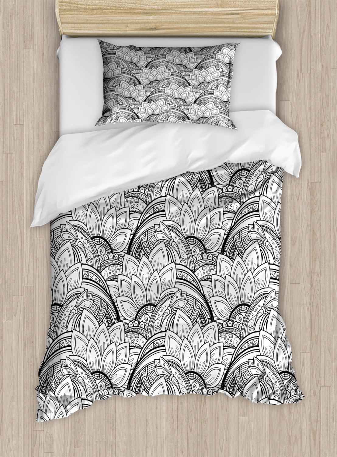 Floral Twin Size Duvet Cover Set, Monochrome Flower Motif with Ethnic ...