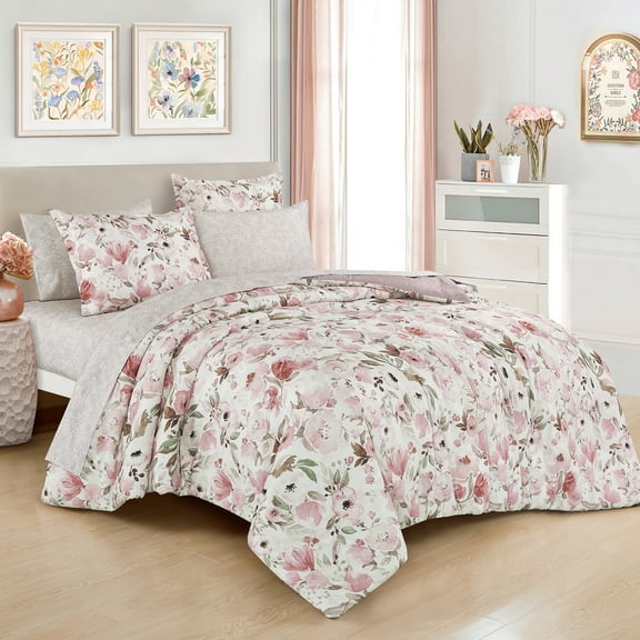 Floral Twin XL Comforter Set with Sheets - 5-Piece Pink Bed in a Bag Set