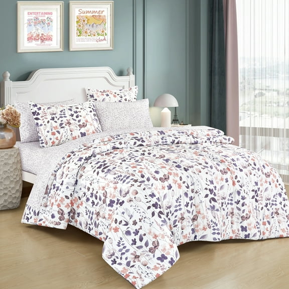 Floral Twin XL Comforter Set with Sheets - 5-Piece Purple Bed in a Bag Set