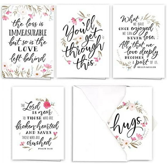 Floral Typography Sympathy Card Pack / 25 Condolences Card Set / 5 Script Designs / 5" x 7" Thinking Of You Greeting Cards / Made In The USA