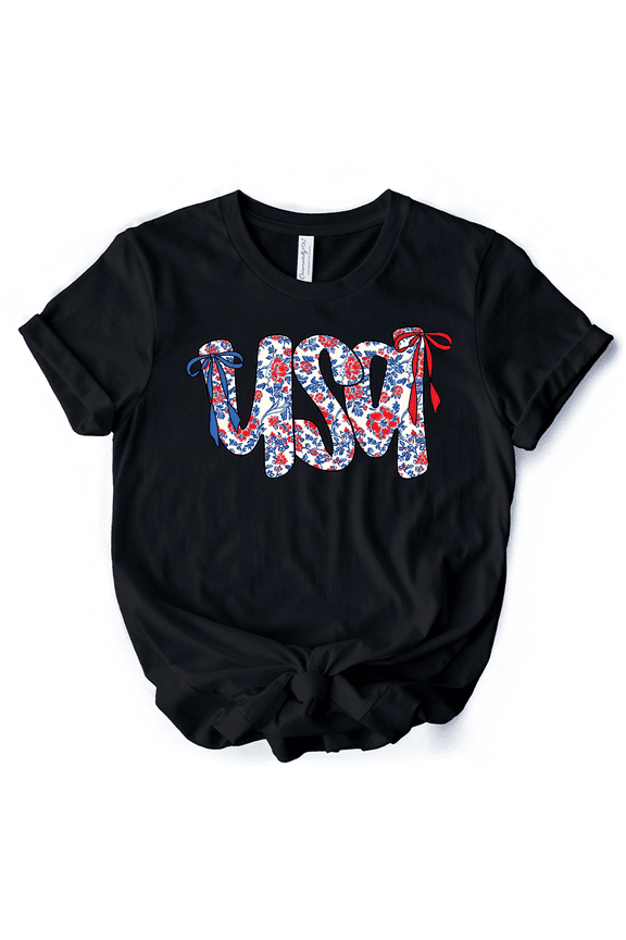 Floral USA Patriotic T-Shirt, 4th of July White, Natural and Black Tee for Stylish Women