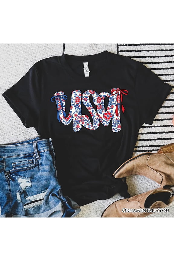 Floral USA Patriotic T-Shirt, 4th of July White, Natural and Black Tee for Stylish Women
