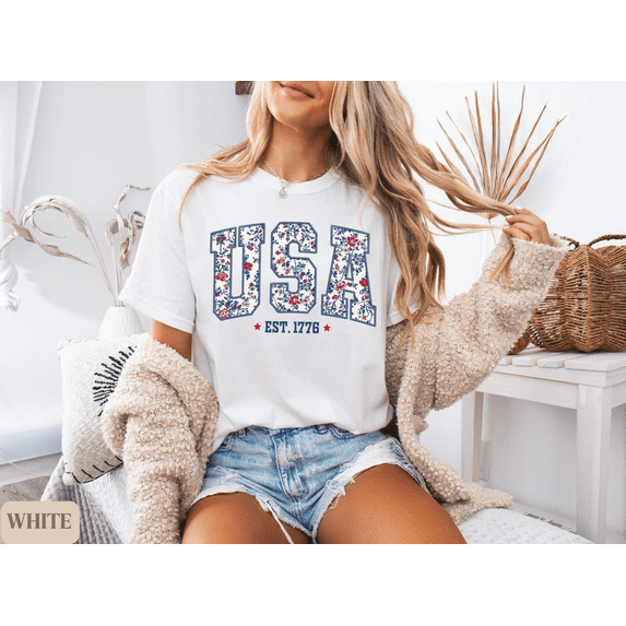 Floral USA Shirt 4th of July Tshirt Patriotic Summer Tee for Women and Girls