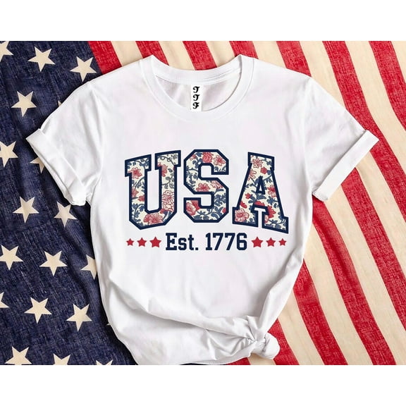 Floral USA Shirt, American Girl Shirt, USA Est 1776 Shirt, Girly 4th of July Shirt, Patriotic Women Shirt, Flower USA Shirt, Red White Blue TSHIRT All Size S-5XL