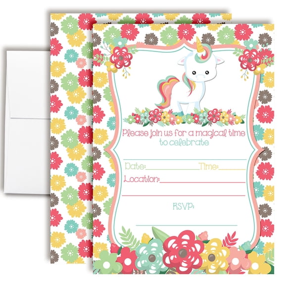 Floral Unicorn Birthday Invitations for Kids, 20 Fill-In Cards with Envelopes, 5x7 Children's Party Invitations, Birthday Party Supplies, Made in USA by Amanda Creation