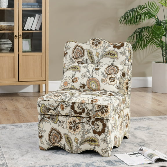 Floral Upholstered Armless Dining Chair with Soft Cushion and Removable Pillow for Kitchen Living Room or Bedroom Brown