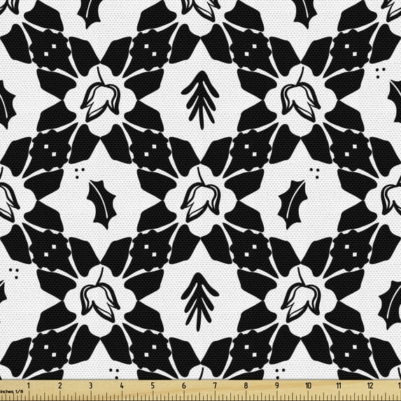 Ambesonne Floral Fabric by the Yard Upholstery, Monochrome Botany Scenery, 3 Yards, Charcoal Grey and White