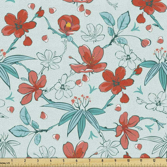 Ambesonne Floral Fabric by the Yard Upholstery, Brush Art of Flowers, 5 Yards, Vermilion Pale Blue