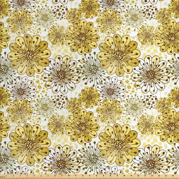 Ambesonne Floral Fabric by the Yard Upholstery, Blossoms Petals and Dots, 5 Yards, Khaki Brown White