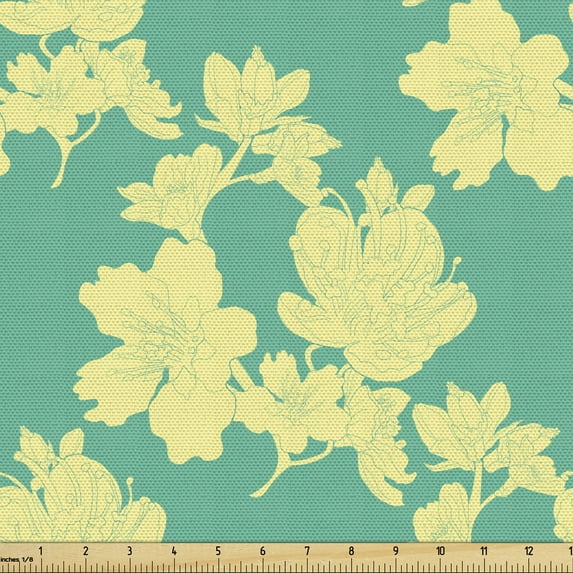 Floral Upholstery Fabric by the Yard, Botanical Fantasy Pattern of Summer Tone Flowers in Full Blossom, Decorative Fabric for DIY and Home Accents, Sea Green Pale Yellow by Ambesonne