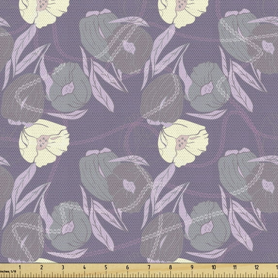 Ambesonne Floral Fabric by the Yard Upholstery, Poppies and Tulips Images, 1 Yard, Pale Purple Cream
