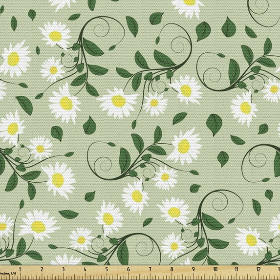 Ambesonne Floral Fabric by the Yard Upholstery, Burgeoning Daisies Leaves, 1 Yard, Green Green