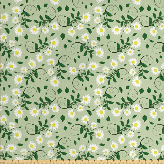 Ambesonne Floral Fabric by the Yard Upholstery, Burgeoning Daisies Leaves, 10 Yards, Green Green