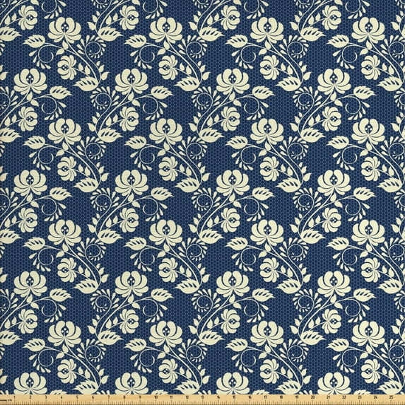 Ambesonne Floral Fabric by the Yard Upholstery, Vintage Leaves and Blooms, 2 Yards, Eggshell and Night Blue