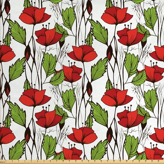 Ambesonne Floral Fabric by the Yard Upholstery, Close up View of Poppies, 10 Yards, Vermilion Lime Green