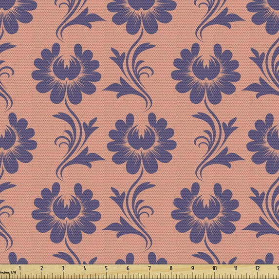 Floral Upholstery Fabric by the Yard, Composition of Budding Flowers on Branches on a Peach Tone Background, Decorative Fabric for DIY and Home Accents, Dark Indigo and Salmon by Ambesonne