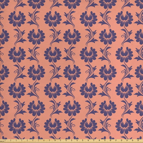 Floral Upholstery Fabric by the Yard, Composition of Budding Flowers on Branches on a Peach Tone Background, Decorative Fabric for DIY and Home Accents, Dark Indigo and Salmon by Ambesonne