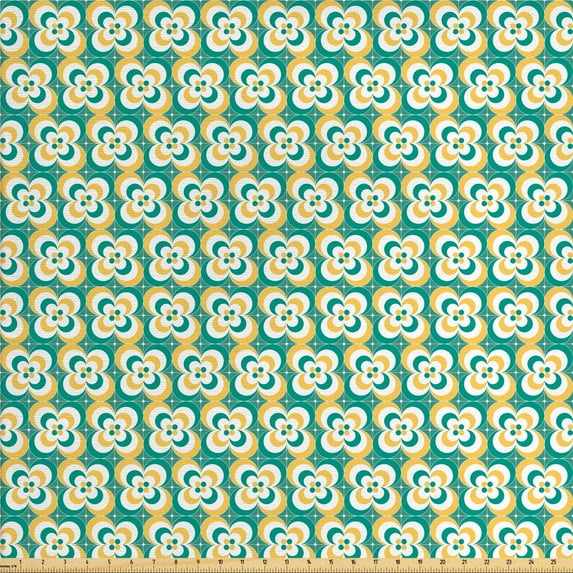 Floral Upholstery Fabric by the Yard, Composition of Flower Formed with Polka Dots and Half Circles, Decorative Fabric for DIY and Home Accents, Teal Mustard and White by Ambesonne