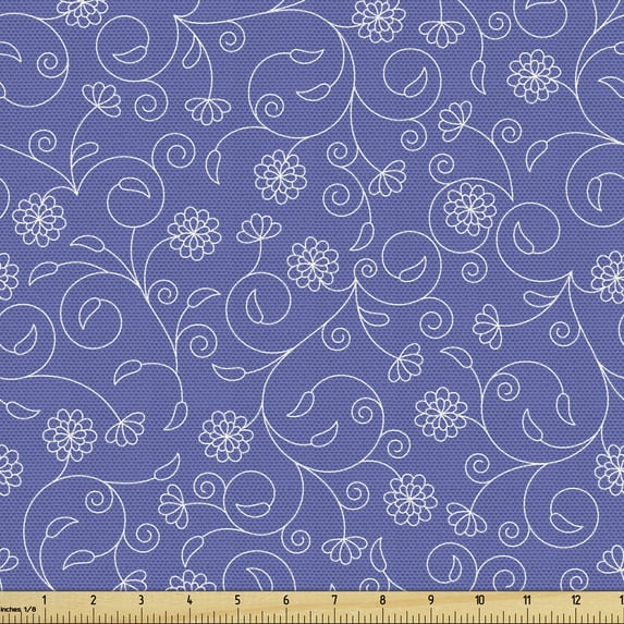 Floral Upholstery Fabric by the Yard, Continuous Contemporary Abstract Curly Leaves Flowers Bicolored Illustration, Decorative Fabric for DIY and Home Accents, Ceil Blue White by Ambesonne