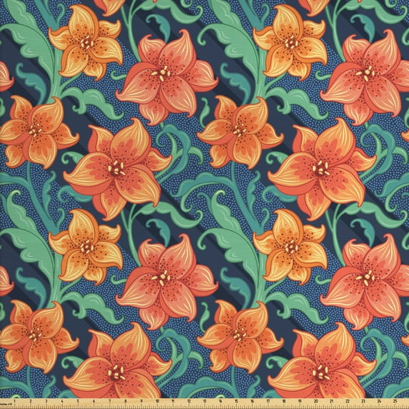 Floral Upholstery Fabric by the Yard, Continuous Doodle of Lilly Flowers with Curly Leaves on Dotted Background, Decorative Fabric for DIY and Home Accents, Multicolor by Ambesonne