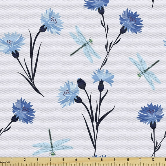 Floral Upholstery Fabric by the Yard, Cornflowers and Dragonflies on Pastel Background, Decorative Fabric for DIY and Home Accents, Purple Sea Blue by Ambesonne