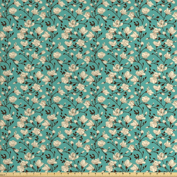 Ambesonne Floral Fabric by the Yard Upholstery, Flourishing Magnolia, 3 Yards, Dark Brown Ivory