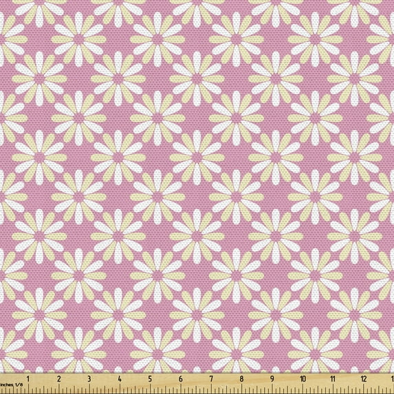 Floral Upholstery Fabric by the Yard, Delicate Summer Petals Garden Art Bloom Repetitive Pattern, Decorative Fabric for DIY and Home Accents, Pale Yellow Pastel Pink by Ambesonne