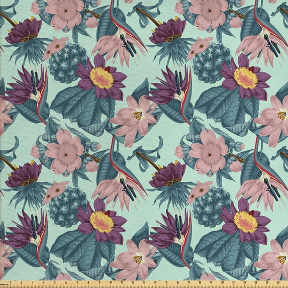 Floral Upholstery Fabric by the Yard, Demonstration of Wild Flowers Petals Leaves Tropical Arrangement, Decorative Fabric for DIY and Home Accents, Mint Green and Multicolor by Ambesonne