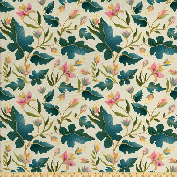 Ambesonne Floral Fabric by the Yard Upholstery, Tropical Leaves, 2 Yards, Multicolor