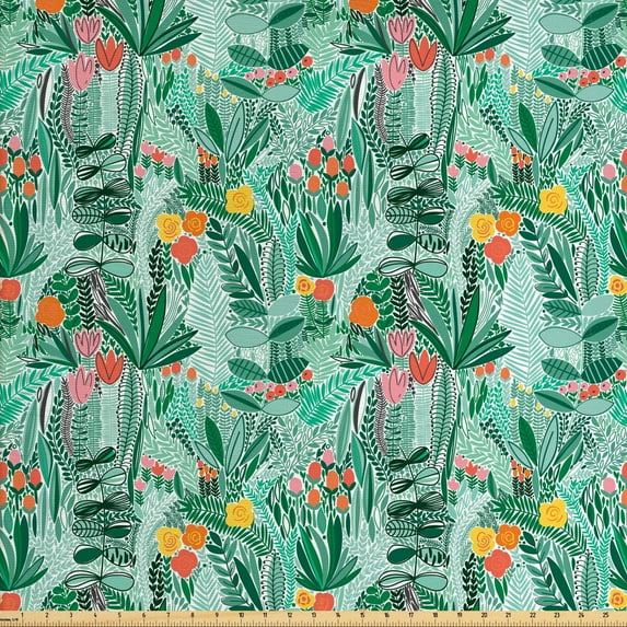 Floral Upholstery Fabric by the Yard, Expressionist Pink Tulips Flowers Foliage Summer Ferns Paradise Exotic Hawaiian, Decorative Fabric for DIY and Home Accents, Multicolor by Ambesonne